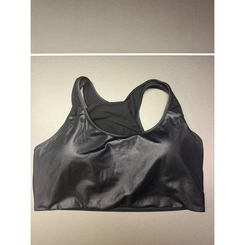 Fabletics Black Faux Leather Mesh Keyhole Racerback Sports Bra High Shine